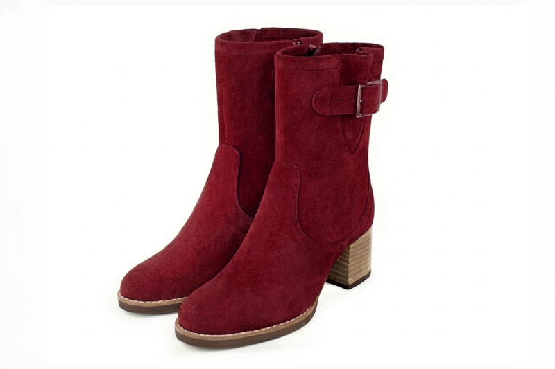 Classic leather ankle boots featuring adjustable side buckles and sleek hardware for secure support and timeless everyday style, in burgundy leather with round toe and mid block heel